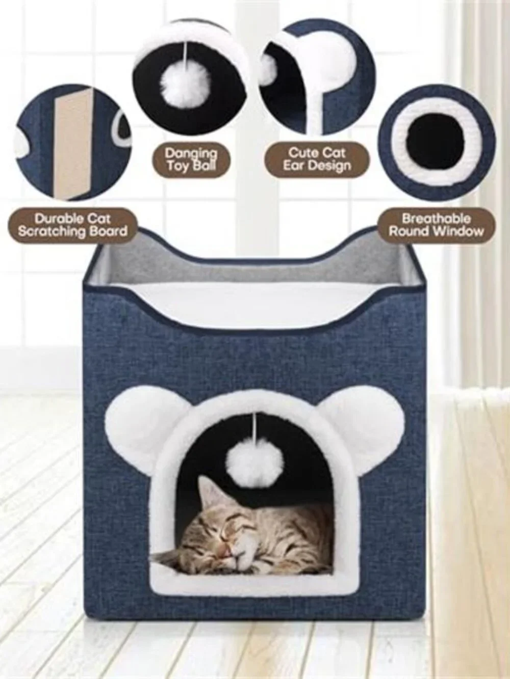 Large Cat House Indoor Cat Cave Covered Bed with Scratch Pad Fluffy Toy Hideaway